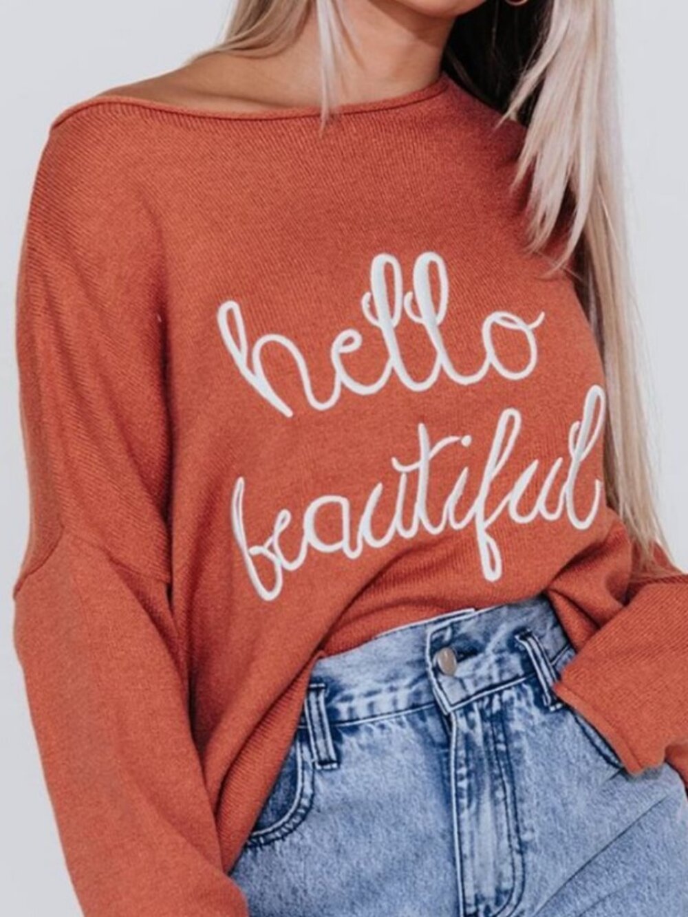 Kittenish Hello Beautiful Lightweight Sweater Small Rust Embroidered Pullover